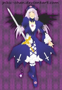 Rating: Safe Score: 0 Tags: 1girl black_wings boots detached_collar dress flower frilled_sleeves frills full_body hairband image long_hair long_sleeves looking_at_viewer purple_background red_eyes silver_hair solo standing suigintou sword weapon wings User: admin