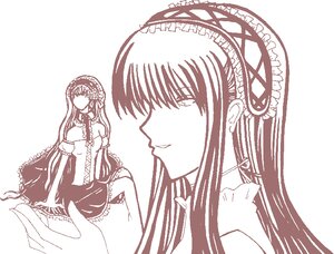 Rating: Safe Score: 0 Tags: auto_tagged dress frills hairband image lolita_hairband long_hair long_sleeves monochrome multiple_girls simple_background sitting smile solo suigintou very_long_hair white_background User: admin