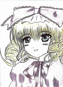 Rating: Safe Score: 0 Tags: 1girl blush drill_hair eyebrows_visible_through_hair graphite_(medium) hat hinaichigo image looking_at_viewer monochrome ribbon simple_background smile solo traditional_media white_background User: admin