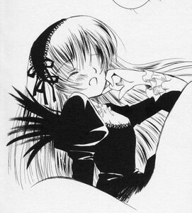 Rating: Safe Score: 0 Tags: 1girl blush closed_eyes dress greyscale hairband image long_hair long_sleeves monochrome open_mouth simple_background sleeping solo suigintou traditional_media wings User: admin