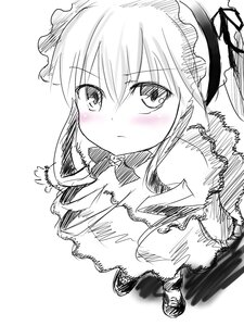 Rating: Safe Score: 0 Tags: 1girl blush bowtie drill_hair greyscale image looking_at_viewer monochrome shinku simple_background sketch solo twin_drills white_background User: admin