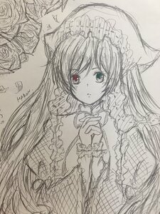 Rating: Safe Score: 0 Tags: 1girl closed_mouth dress eyebrows_visible_through_hair flower frills holding_flower image long_hair long_sleeves looking_at_viewer monochrome rose solo suiseiseki traditional_media twintails User: admin