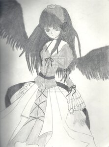 Rating: Safe Score: 0 Tags: 1girl bow dress expressionless frills image long_hair long_sleeves monochrome solo standing suigintou wings User: admin