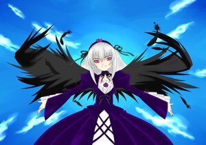 Rating: Safe Score: 0 Tags: 1girl black_wings blue_sky cloud day detached_collar dress feathers flower flying frills hairband image long_hair long_sleeves looking_at_viewer pink_eyes silver_hair sky smile solo suigintou wings User: admin