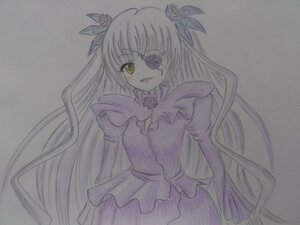 Rating: Safe Score: 0 Tags: 1girl barasuishou dress eyepatch flower frills hair_ornament image long_hair long_sleeves rose simple_background solo suigintou traditional_media two_side_up very_long_hair yellow_eyes User: admin