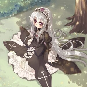 Rating: Safe Score: 0 Tags: 1girl asa_(swallowtail) bangs black_dress blush commentary_request cross dress eyebrows_visible_through_hair flower frills gothic_lolita grass hair_between_eyes hairband highres image lolita_fashion lolita_hairband long_hair long_sleeves looking_at_viewer on_grass outdoors photoshop_(medium) red_eyes rozen_maiden silver_hair sitting solo suigintou tree very_long_hair wings User: admin