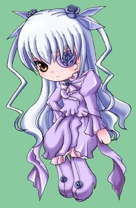 Rating: Safe Score: 0 Tags: 1girl barasuishou chibi dress eyepatch flower frills full_body green_background image long_hair long_sleeves purple_dress rose simple_background solo very_long_hair yellow_eyes User: admin