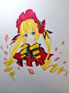 Rating: Safe Score: 0 Tags: 1girl bangs blonde_hair blue_eyes bonnet bow bowtie capelet closed_mouth drill_hair flower image long_hair long_sleeves looking_at_viewer petals rose_petals shinku sidelocks solo traditional_media twintails upper_body User: admin