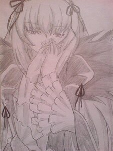 Rating: Safe Score: 0 Tags: 1girl covering_mouth dress eyebrows_visible_through_hair frills image juliet_sleeves long_hair long_sleeves looking_at_viewer monochrome puffy_sleeves ribbon solo suigintou traditional_media upper_body wings User: admin