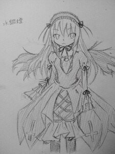 Rating: Safe Score: 0 Tags: 1girl dress greyscale hairband image lolita_hairband long_hair long_sleeves looking_at_viewer monochrome sketch solo suigintou traditional_media User: admin