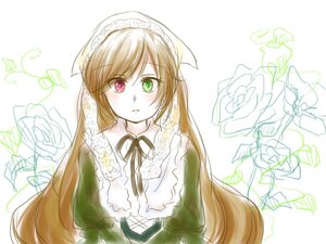 Rating: Safe Score: 0 Tags: 1girl blush brown_hair dress flower frills green_dress green_eyes heterochromia image long_hair long_sleeves looking_at_viewer red_eyes ribbon rose solo suiseiseki very_long_hair User: admin