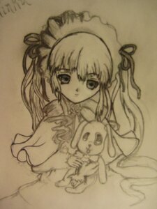 Rating: Safe Score: 0 Tags: 1girl dress image long_hair long_sleeves looking_at_viewer monochrome photo shinku simple_background solo stuffed_animal stuffed_bunny traditional_media very_long_hair User: admin