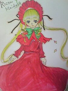 Rating: Safe Score: 0 Tags: 1girl blonde_hair blue_eyes bonnet bow bowtie dress green_bow image long_hair long_sleeves looking_at_viewer marker_(medium) red_dress shinku simple_background solo standing traditional_media twintails User: admin