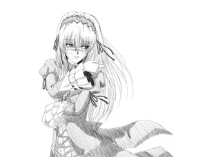 Rating: Safe Score: 0 Tags: 1girl blush dress greyscale hairband image juliet_sleeves long_hair long_sleeves looking_at_viewer monochrome ribbon simple_background solo suigintou white_background User: admin