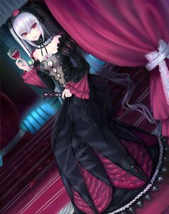 Rating: Safe Score: 0 Tags: 1girl alcohol bare_shoulders bishoujo_mangekyou black_dress breasts cleavage_cutout clothing_cutout commentary_request cup curtains dress drinking_glass dutch_angle flower frills gothic_lolita hairband highres holding holding_cup image kagarino_kirie lolita_fashion long_hair long_sleeves looking_at_viewer lunatic_(phantasy) photoshop_(medium) red_eyes rozen_maiden silver_hair sitting smile solo suigintou very_long_hair wine wine_glass User: admin
