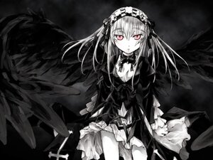 Rating: Safe Score: 0 Tags: 1girl black_wings breasts cleavage detached_collar dress flower frills gothic_lolita hairband image lolita_fashion long_hair long_sleeves looking_at_viewer red_eyes rose solo suigintou wings User: admin