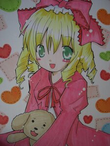 Rating: Safe Score: 0 Tags: 1girl :d blonde_hair blush_stickers bow dress drill_hair green_eyes heart hina_ichigo hinaichigo image long_sleeves looking_at_viewer marker_(medium) open_mouth photo pink_bow ribbon smile solo stuffed_animal teddy_bear traditional_media twin_drills User: admin