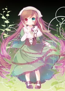 Rating: Safe Score: 0 Tags: 1girl brown_hair dress frills green_dress green_eyes head_scarf heterochromia image long_hair long_sleeves looking_at_viewer plant red_eyes solo standing suiseiseki very_long_hair User: admin