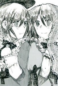 Rating: Safe Score: 0 Tags: 2girls blush bow frills gloves greyscale hat image looking_at_viewer monochrome multiple_girls pair smile souseiseki suiseiseki User: admin