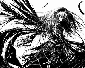 Rating: Safe Score: 0 Tags: 1girl akemi_homura dress feathered_wings feathers greyscale hairband image long_hair looking_at_viewer monochrome solo suigintou wings User: admin