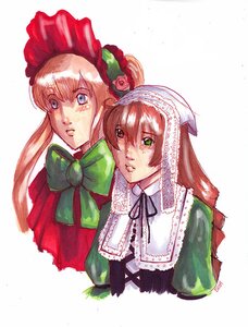 Rating: Safe Score: 0 Tags: 2girls blonde_hair blue_eyes bonnet bow flower green_eyes hat image long_hair multiple_girls pair rose shinku siblings simple_background sisters striped suiseiseki white_background User: admin