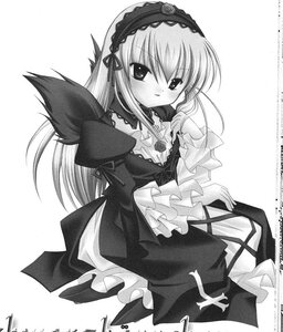 Rating: Safe Score: 0 Tags: 1girl blush detached_collar dress flower frills greyscale hairband image long_hair long_sleeves looking_at_viewer monochrome rose simple_background sitting solo suigintou wings User: admin