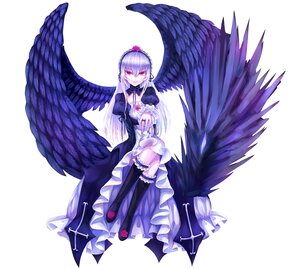 Rating: Safe Score: 0 Tags: 1girl black_legwear black_wings dress feathered_wings feathers flower frills full_body hairband image long_hair long_sleeves looking_at_viewer red_eyes ribbon silver_hair sitting solo suigintou wings User: admin