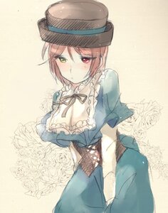 Rating: Safe Score: 0 Tags: 1girl blush corset dress flower frills green_eyes hat heterochromia image long_sleeves looking_at_viewer red_eyes ribbon rose short_hair solo souseiseki white_flower white_rose User: admin