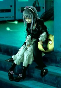 Rating: Safe Score: 0 Tags: 1girl dress frills hairband image long_hair long_sleeves looking_at_viewer purple_eyes sitting solo suigintou User: admin