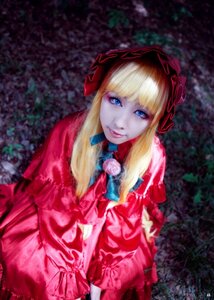 Rating: Safe Score: 0 Tags: 1girl artist_name bangs blonde_hair blue_eyes bonnet bow dress flower lips long_hair long_sleeves looking_at_viewer red_dress rose shinku smile solo User: admin