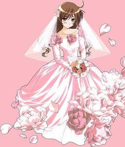Rating: Safe Score: 0 Tags: 1girl ahoge auto_tagged blush bouquet brown_hair dress flower full_body gloves green_eyes heterochromia image long_hair long_sleeves petals pink_background pink_dress pink_flower red_eyes rose solo souseiseki suiseiseki wedding_dress User: admin