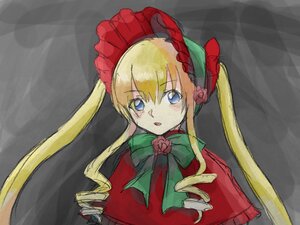 Rating: Safe Score: 0 Tags: 1girl blonde_hair blue_eyes bow bowtie dress flower green_bow image long_hair long_sleeves looking_at_viewer open_mouth shinku sidelocks solo twintails User: admin