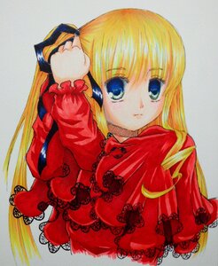 Rating: Safe Score: 0 Tags: 1girl adjusting_hair bangs blonde_hair blue_eyes closed_mouth dress expressionless eyebrows_visible_through_hair frills image long_hair long_sleeves looking_at_viewer marker_(medium) shinku simple_background solo traditional_media twintails upper_body User: admin