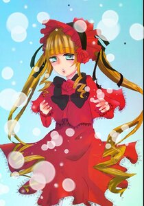 Rating: Safe Score: 0 Tags: 1girl bangs blonde_hair blue_eyes blush bonnet bow dress drill_hair flower image long_hair long_sleeves red_dress red_flower rose shinku solo twintails User: admin