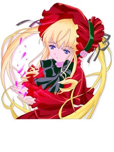 Rating: Safe Score: 0 Tags: 1girl blonde_hair blue_eyes bonnet bow bowtie dress flower green_bow image long_hair long_sleeves looking_at_viewer pink_flower pink_rose red_dress rose shinku simple_background solo twintails upper_body white_background User: admin