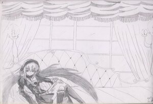 Rating: Safe Score: 0 Tags: 1girl boots curtains dress hat image long_hair long_sleeves looking_at_viewer monochrome shinku sitting solo suigintou thighhighs traditional_media very_long_hair wings User: admin