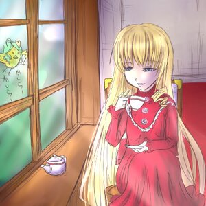 Rating: Safe Score: 0 Tags: 1girl blonde_hair blue_eyes cup dress drill_hair image long_hair long_sleeves red_dress saucer shinku sitting smile solo table tea teacup teapot very_long_hair window User: admin