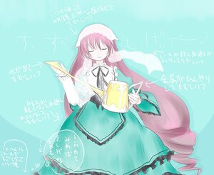 Rating: Safe Score: 0 Tags: 1girl closed_eyes dress food frills green_dress holding image long_hair long_sleeves pink_hair smile solo suiseiseki very_long_hair wings User: admin