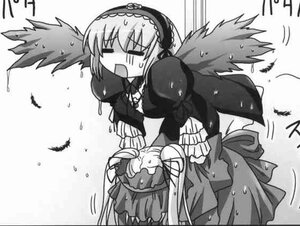 Rating: Safe Score: 0 Tags: 1girl black_wings dress feathers frills greyscale hairband image long_sleeves monochrome open_mouth pair shinku solo standing suigintou white_background wings User: admin