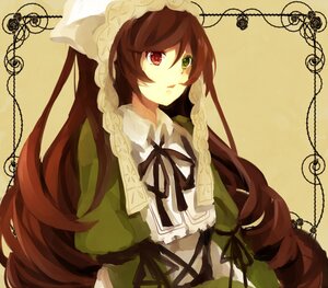 Rating: Safe Score: 0 Tags: 1girl black_ribbon brown_hair dress frills green_dress head_scarf heterochromia image long_hair long_sleeves red_eyes ribbon simple_background solo suiseiseki upper_body very_long_hair yellow_background User: admin
