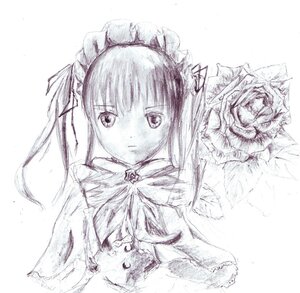 Rating: Safe Score: 0 Tags: 1girl image long_hair looking_at_viewer maid_headdress monochrome ribbon shinku simple_background sketch solo upper_body white_background User: admin