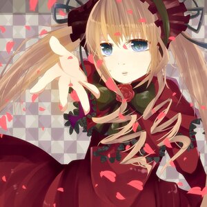 Rating: Safe Score: 0 Tags: 1girl argyle argyle_background blonde_hair blue_eyes checkered checkered_background checkered_floor chess_piece drill_hair flower hairband image long_hair outstretched_hand perspective petals red_flower rose rose_petals shinku solo tile_floor tiles twintails User: admin