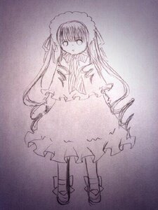 Rating: Safe Score: 0 Tags: 1girl dress frills full_body image long_hair long_sleeves looking_at_viewer monochrome shinku shoes solo standing traditional_media very_long_hair User: admin