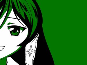 Rating: Safe Score: 0 Tags: 1girl green_eyes green_hair green_theme image looking_at_viewer multicolored_hair simple_background solo suiseiseki User: admin