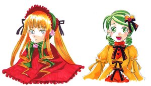 Rating: Safe Score: 0 Tags: 2girls blonde_hair bonnet bow dress drill_hair flower green_eyes green_hair hat image kanaria long_hair long_sleeves looking_at_viewer multiple_girls open_mouth pair red_dress shinku simple_background twin_drills twintails white_background User: admin