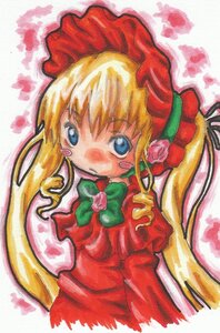 Rating: Safe Score: 0 Tags: 1girl blonde_hair blue_eyes blush_stickers bonnet bow bowtie dress flower green_bow image long_hair long_sleeves looking_at_viewer marker_(medium) red_dress rose shinku solo traditional_media very_long_hair User: admin