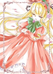 Rating: Safe Score: 0 Tags: 1girl blonde_hair blue_eyes bonnet bow bowtie dress flower green_bow image long_hair long_sleeves red_dress rose shinku solo twintails User: admin