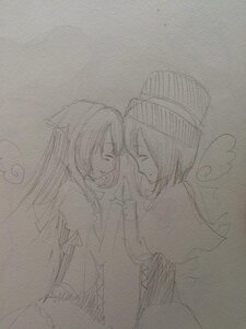 Rating: Safe Score: 0 Tags: 2girls blush closed_eyes hat heart image long_hair monochrome multiple_girls pair short_hair sketch smile souseiseki suiseiseki traditional_media yuri User: admin