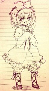 Rating: Safe Score: 0 Tags: 1girl blush bow cross-laced_footwear dress drill_hair hair_bow hinaichigo image kagiyama_hina looking_at_viewer monochrome open_mouth ribbon short_hair smile solo traditional_media User: admin