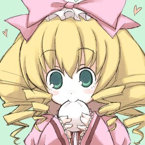 Rating: Safe Score: 0 Tags: 1girl baozi blonde_hair blush bow dress drill_hair eating food green_eyes heart hina_ichigo hinaichigo holding holding_food image long_sleeves looking_at_viewer lowres murata_mine oekaki pink_bow pink_dress ringlets rozen_maiden simple_background solo twin_drills upper_body User: admin